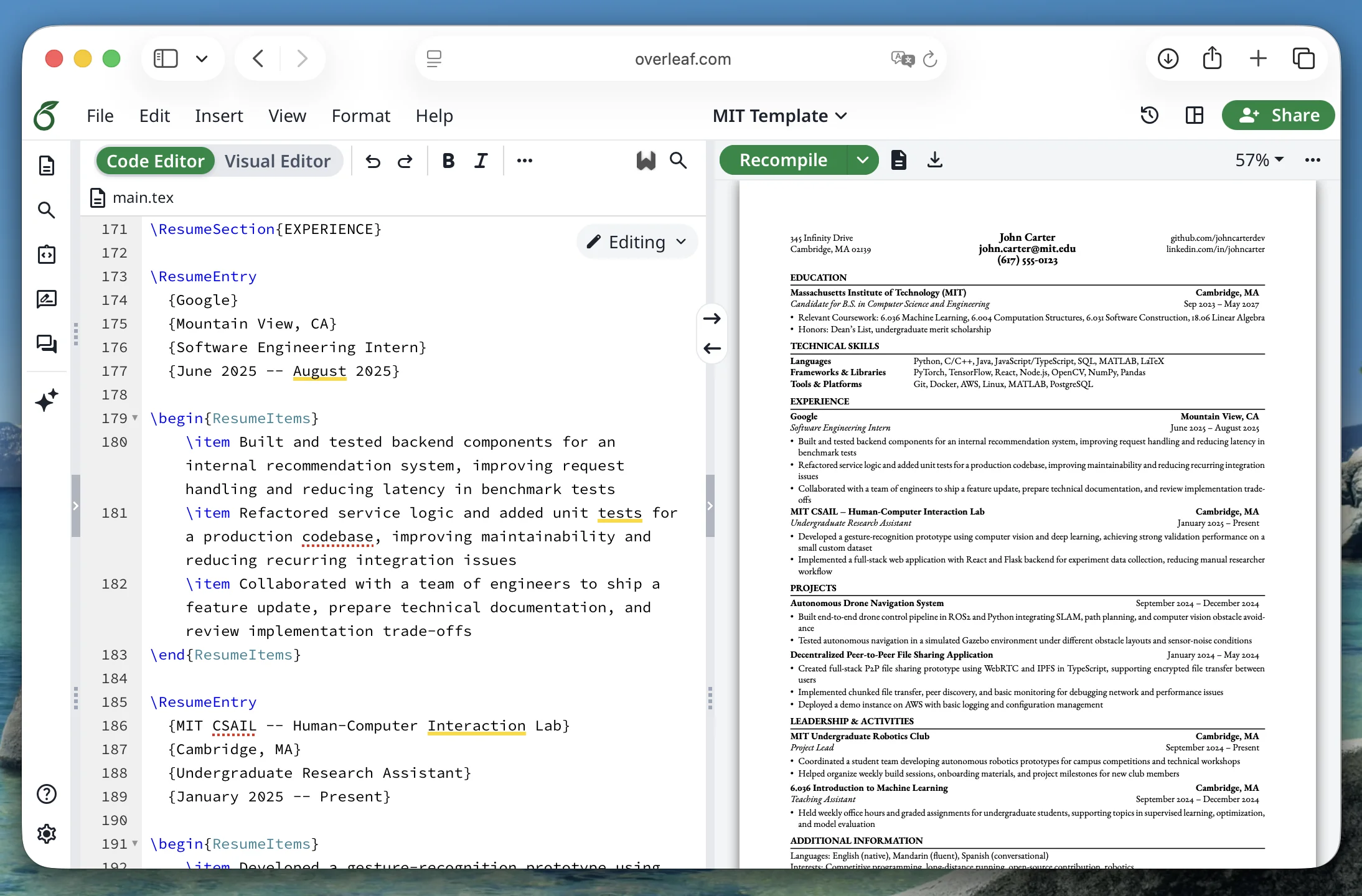 Overleaf editor with template loaded
