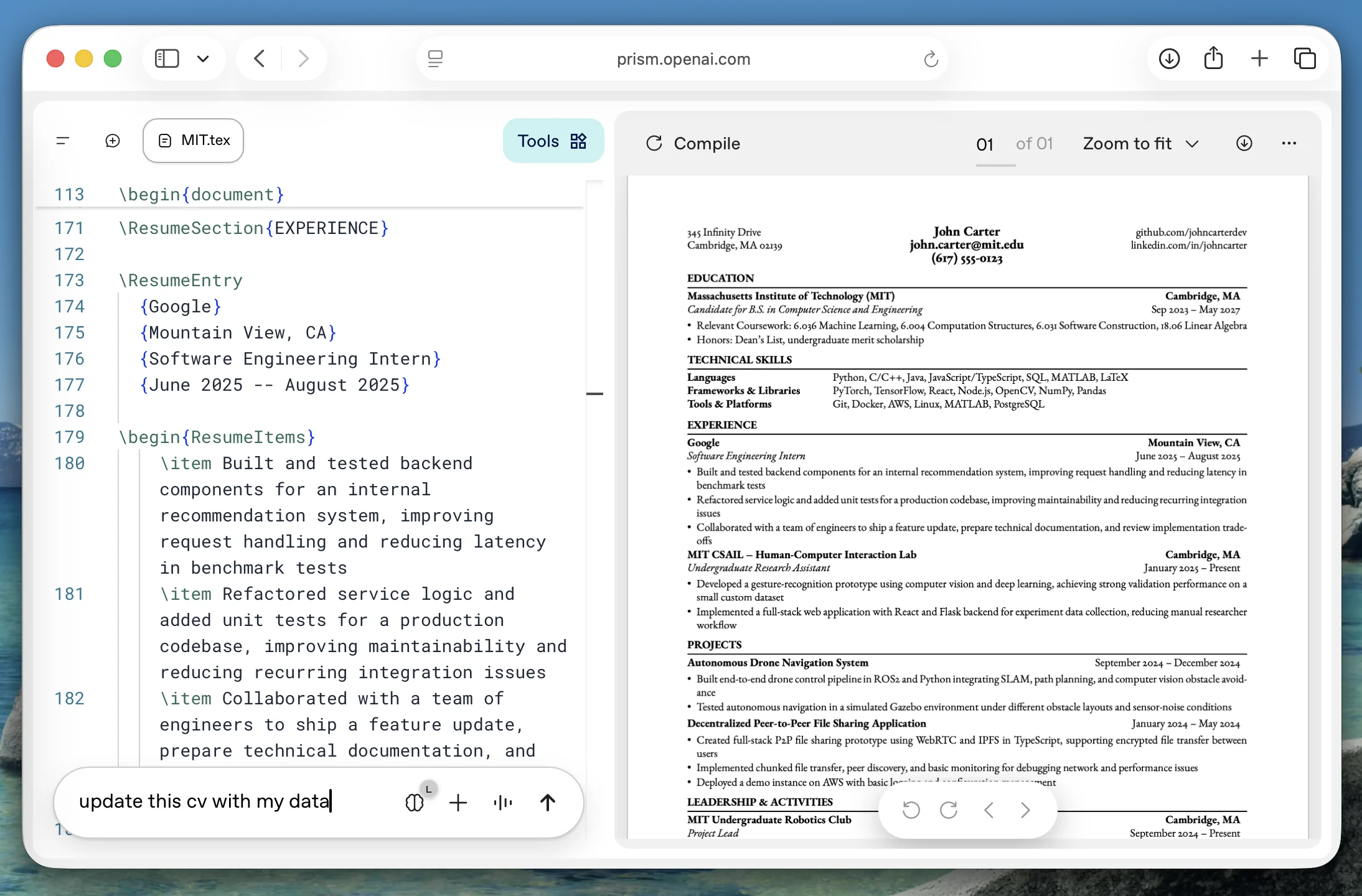 OpenAI Prism editor with template loaded